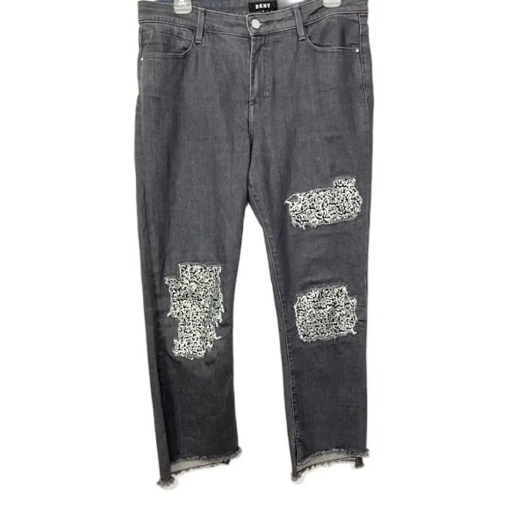 DKNY Charcoal Grey Silver Sequins Raw Hem Cropped Skinny Pants Size 29